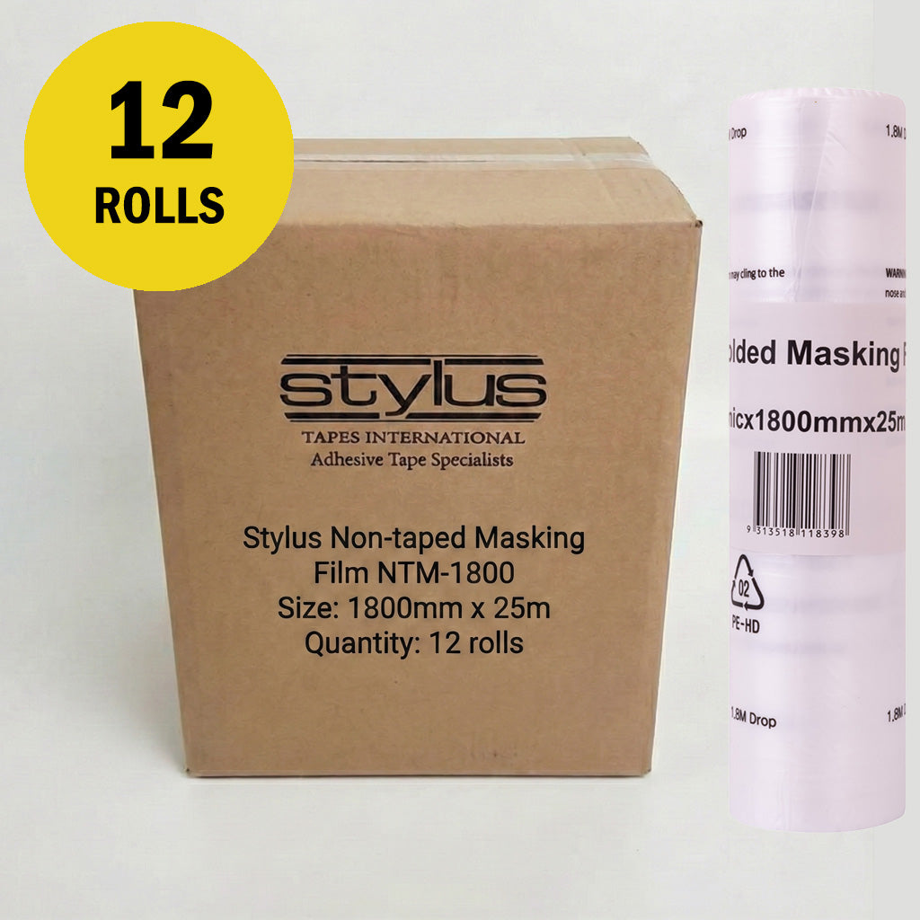 Bulk box of 12 Stylus KWIKMASK masking film rolls, 1800mm x 25m, for professional use