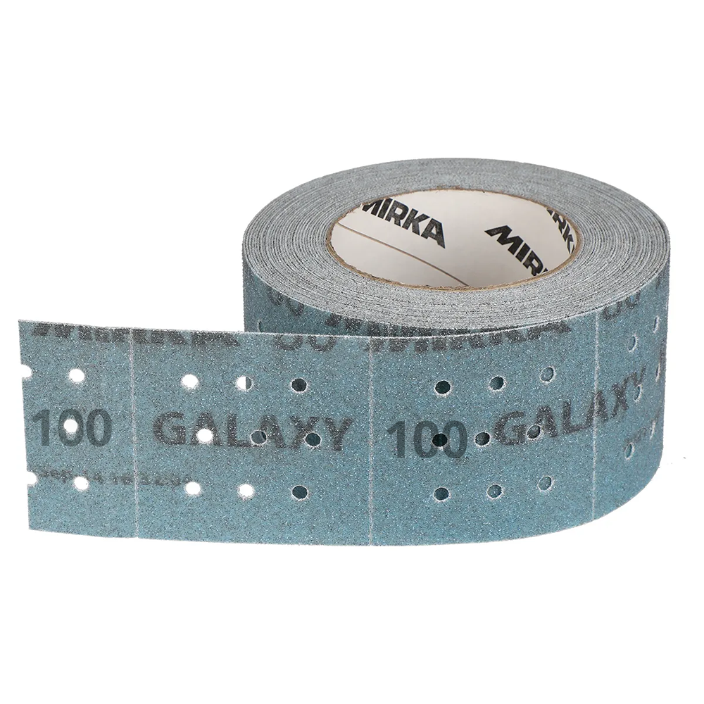 Blue Mirka Galaxy 70x70mm perforated abrasive roll with P100 grit ceramic grains