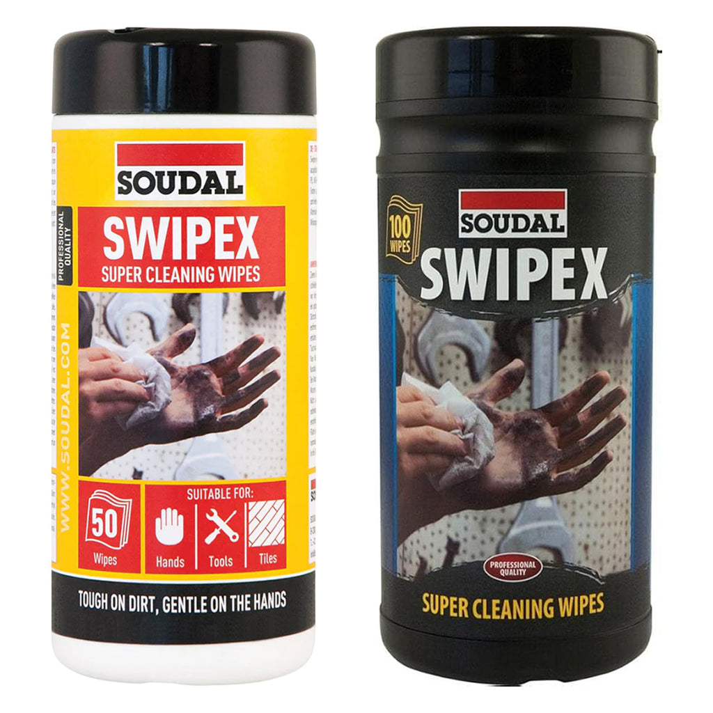 Comparison of 50 and 100 pack Soudal Swipex wipes showing the easy-dispense lid