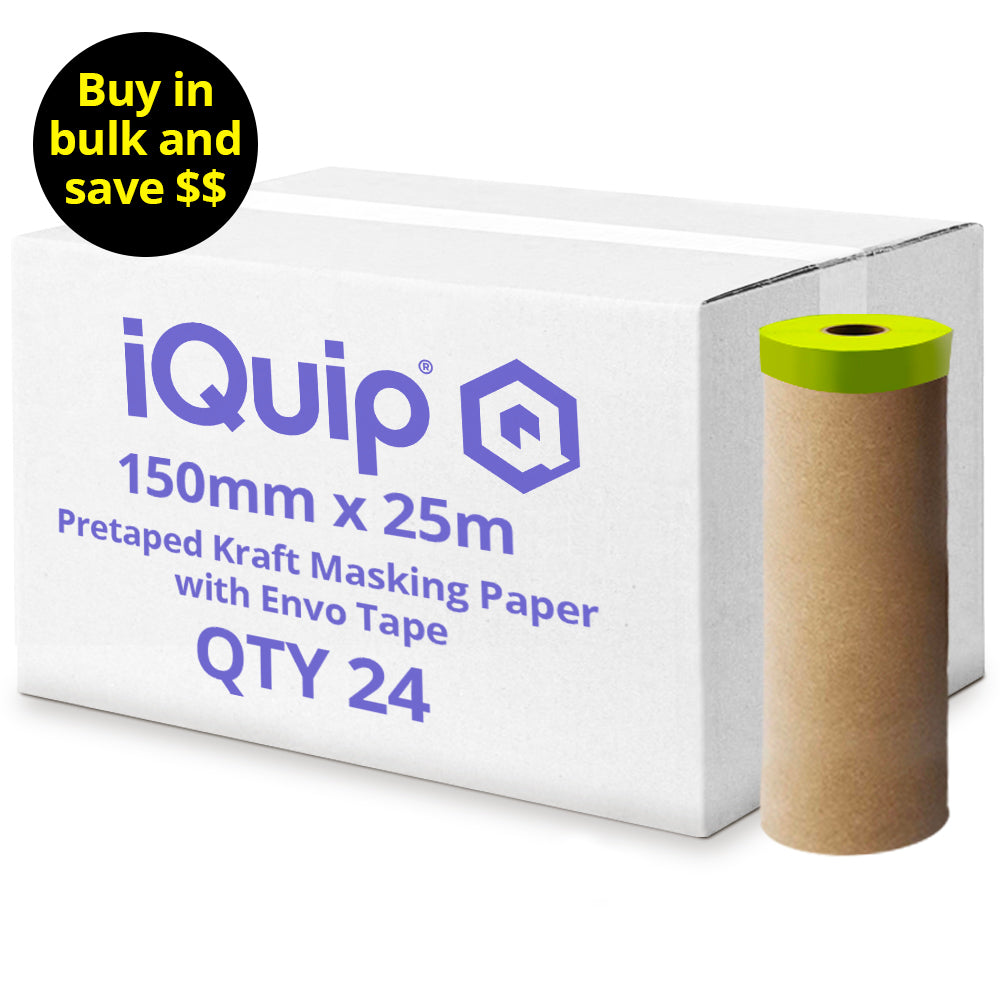 Wholesale box of 24 iQuip Envo pretaped kraft masking paper refills 150mm x 25m