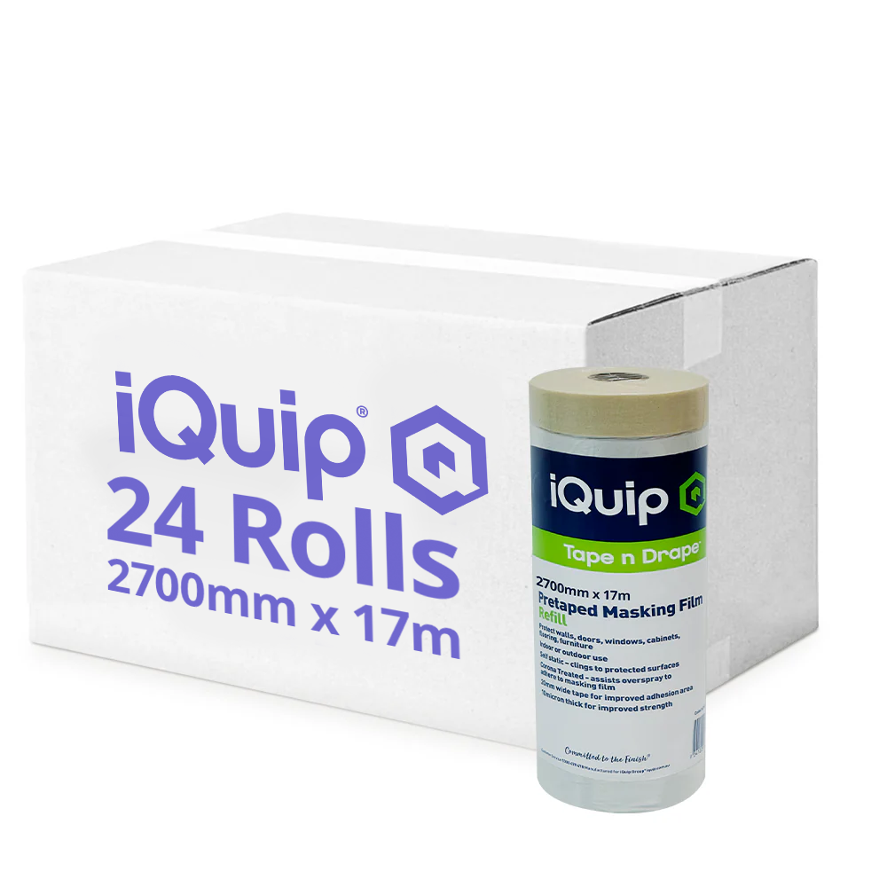 Bulk box of 24 iQuip 2700mm x 17m pre-taped masking film refill rolls for pro painters