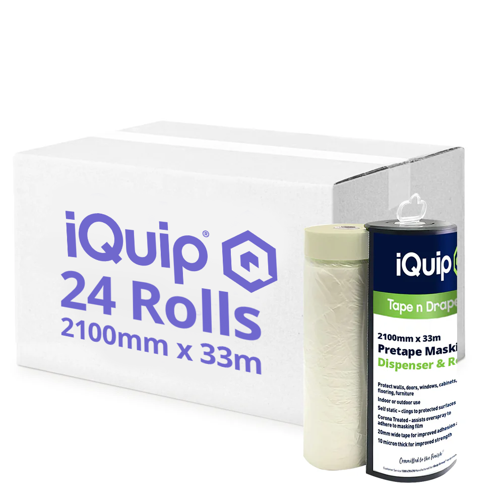 Bulk box of 24 iQuip pre-taped masking film rolls, 2100mm x 33m, with dispenser
