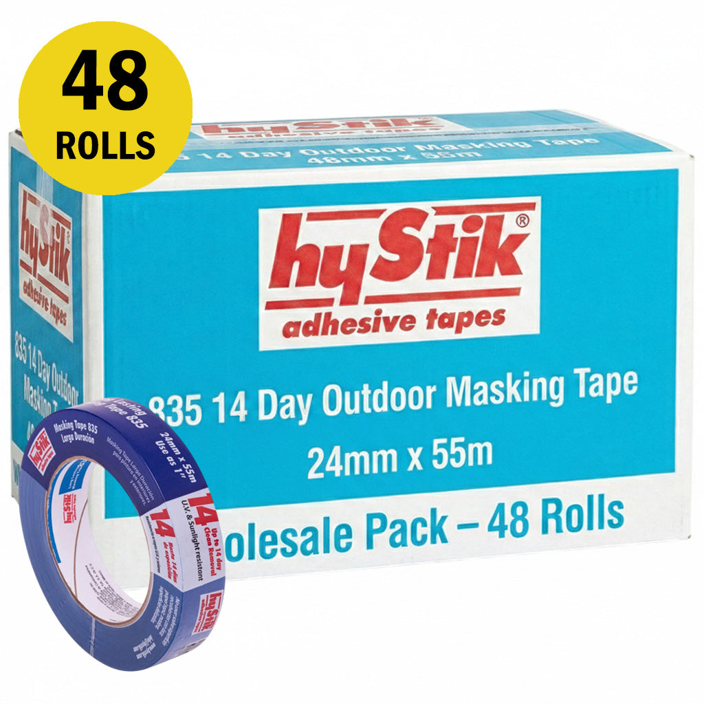 Wholesale pack of 48 Hystik 835 blue masking tape rolls, 24mm x 55m, for trade painters