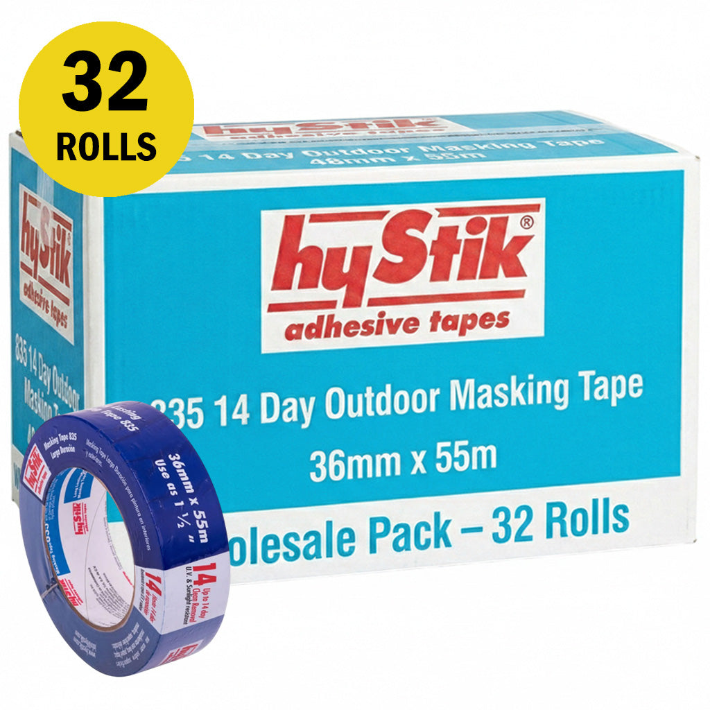 Bulk box of 32 Hystik 835 blue UV resistant masking tape rolls, 36mm x 55m, for pro use