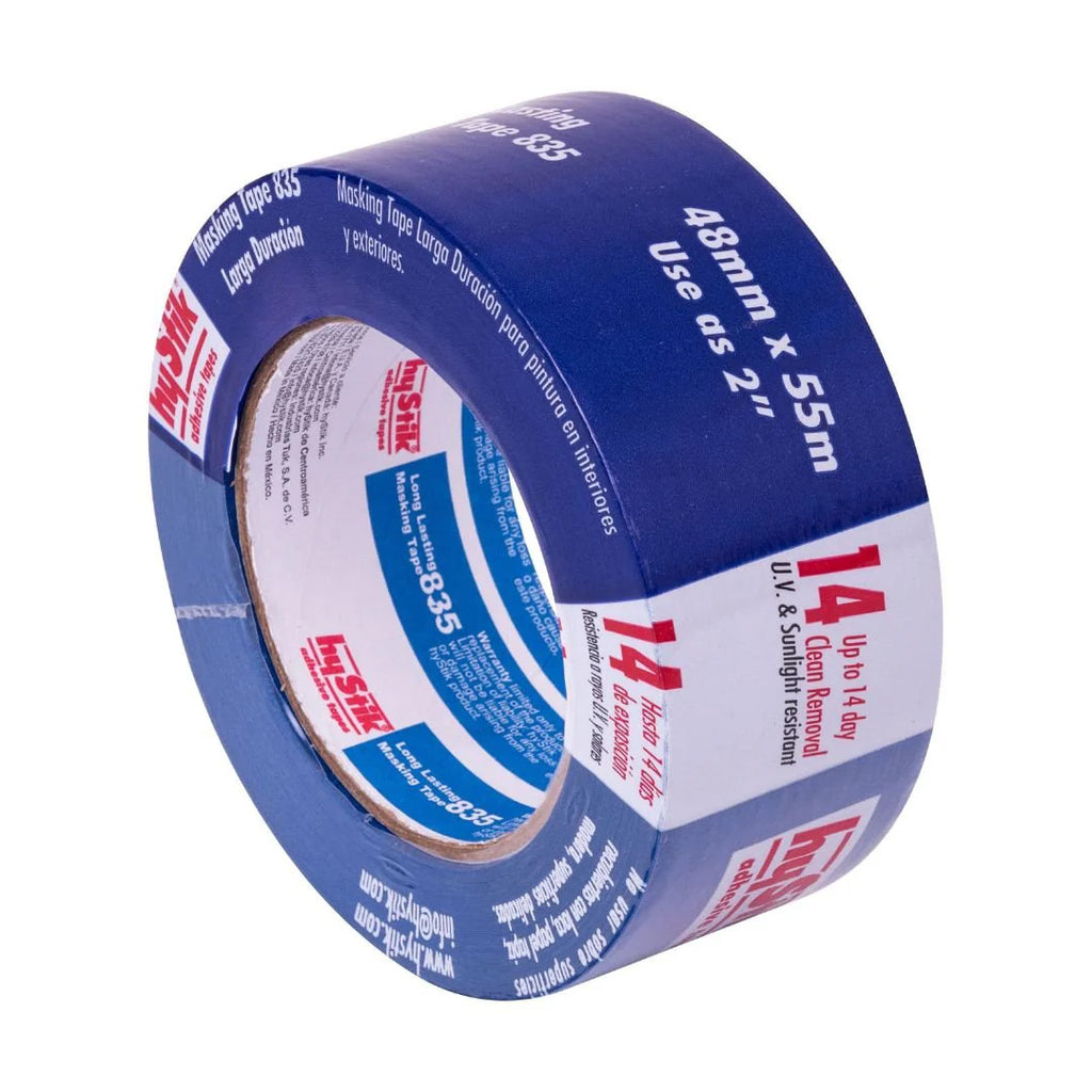 Wide 48mm Hystik 835 blue masking tape, 14-day clean removal roll for professional painters