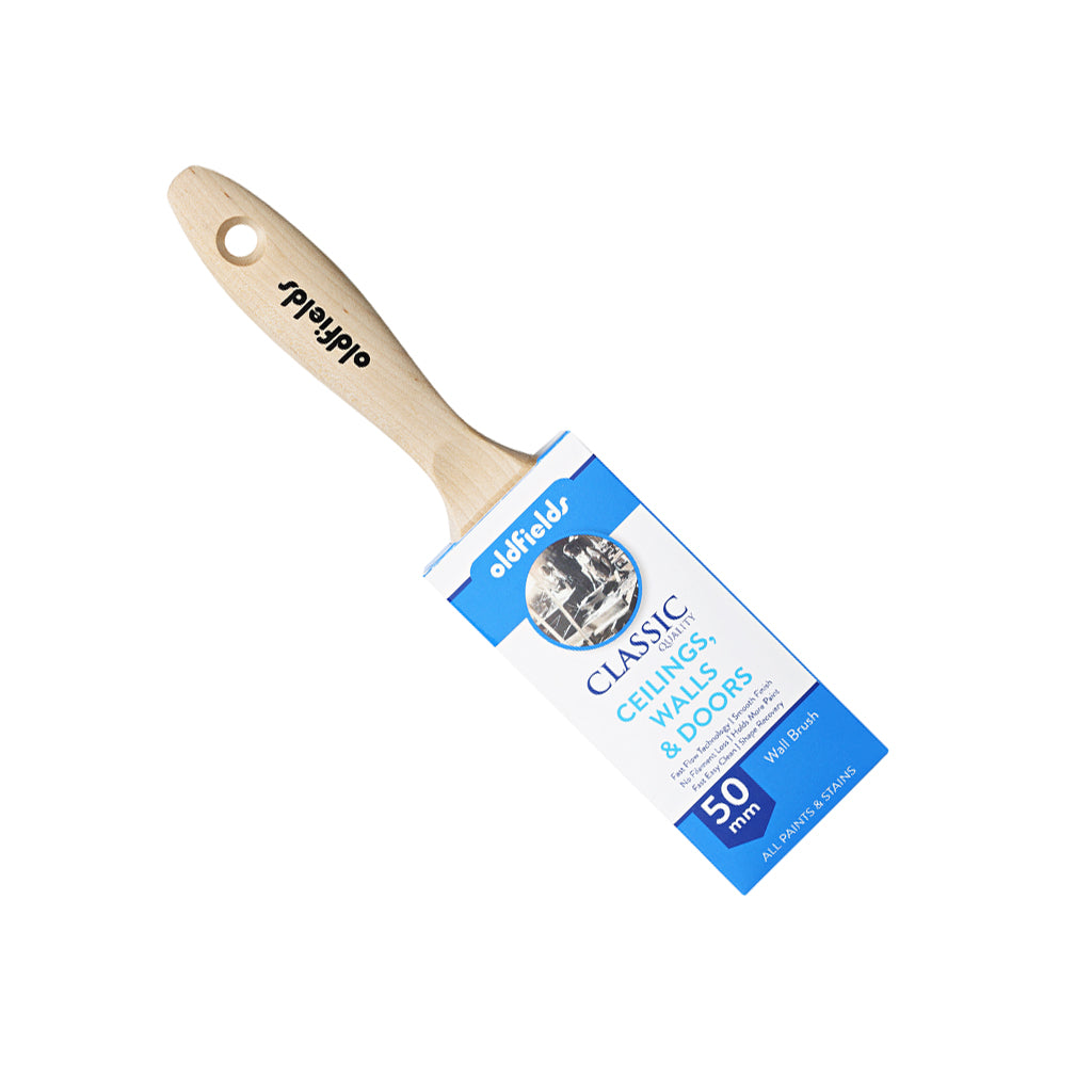 Oldfields Classic 50mm Wall Brush in blue packaging, ideal for undercoats and primers