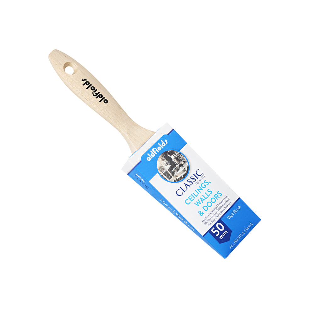Packaged Oldfields Classic 50mm Wall Brush designed for smooth paint release and flow