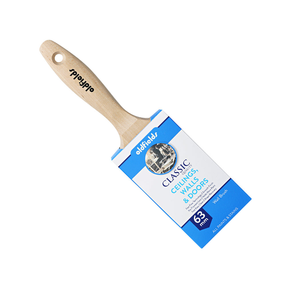Oldfields Classic 63mm Wall Brush in blue retail packaging for ceilings, walls and doors