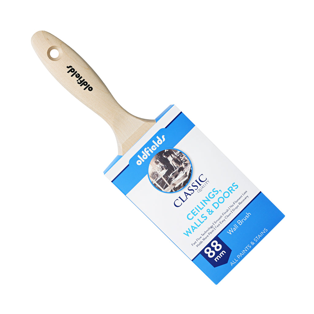 Oldfields Classic 88mm Wall Brush in blue packaging for all paints, stains and varnishes