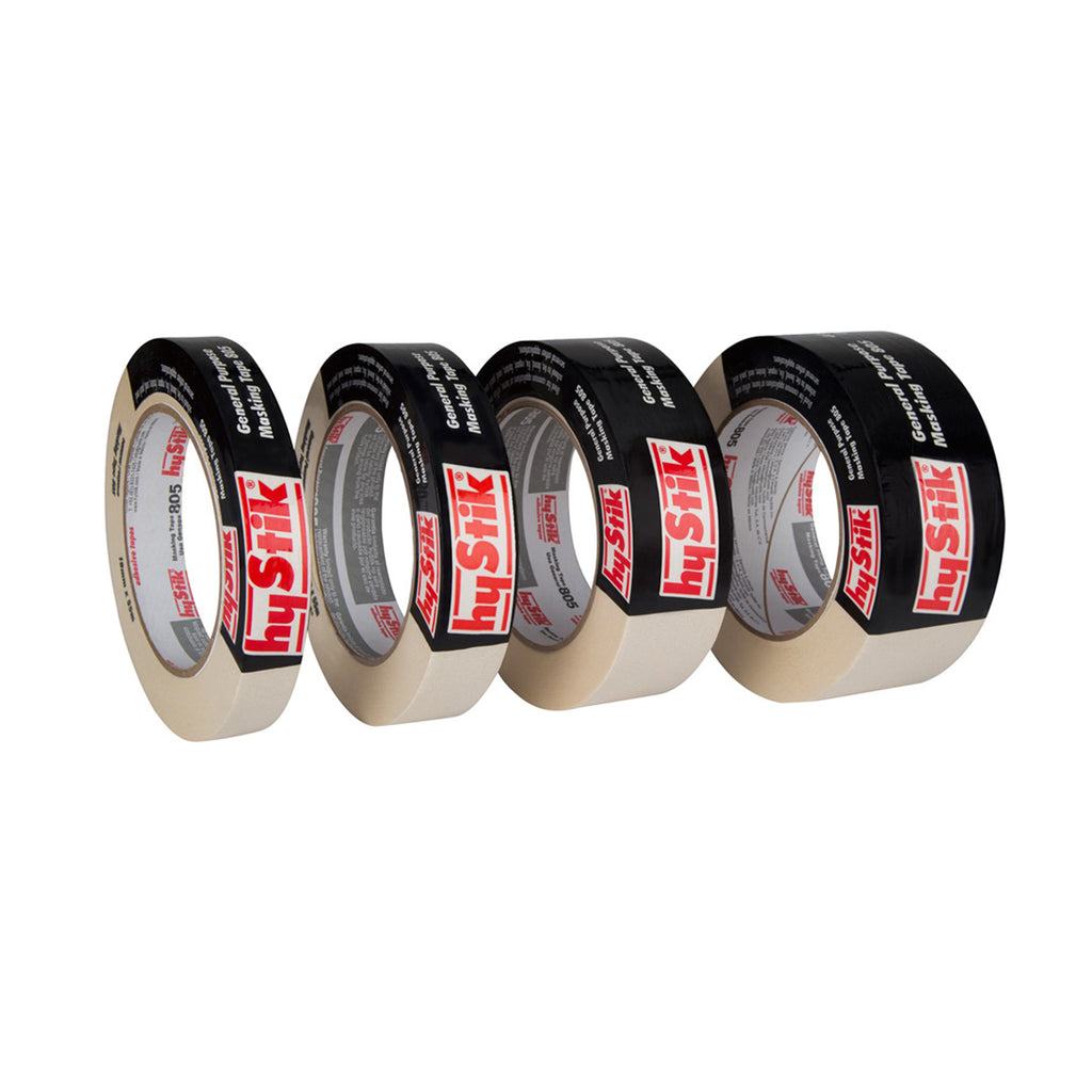 Four rolls of Hystik 805 general purpose masking tape with flexible crepe paper backing