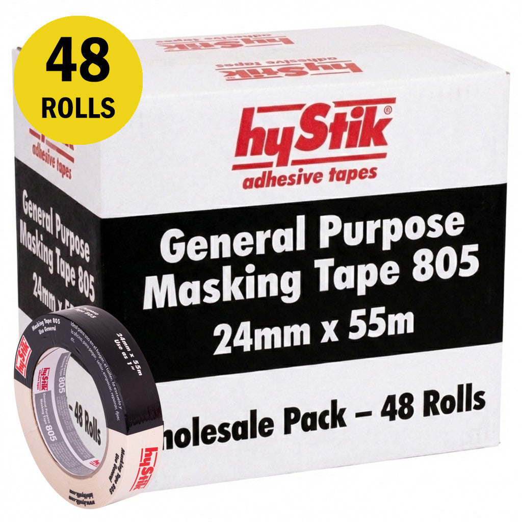 Bulk box of 48 Hystik 805 masking tape rolls, 24mm x 55m, ideal for large paint jobs