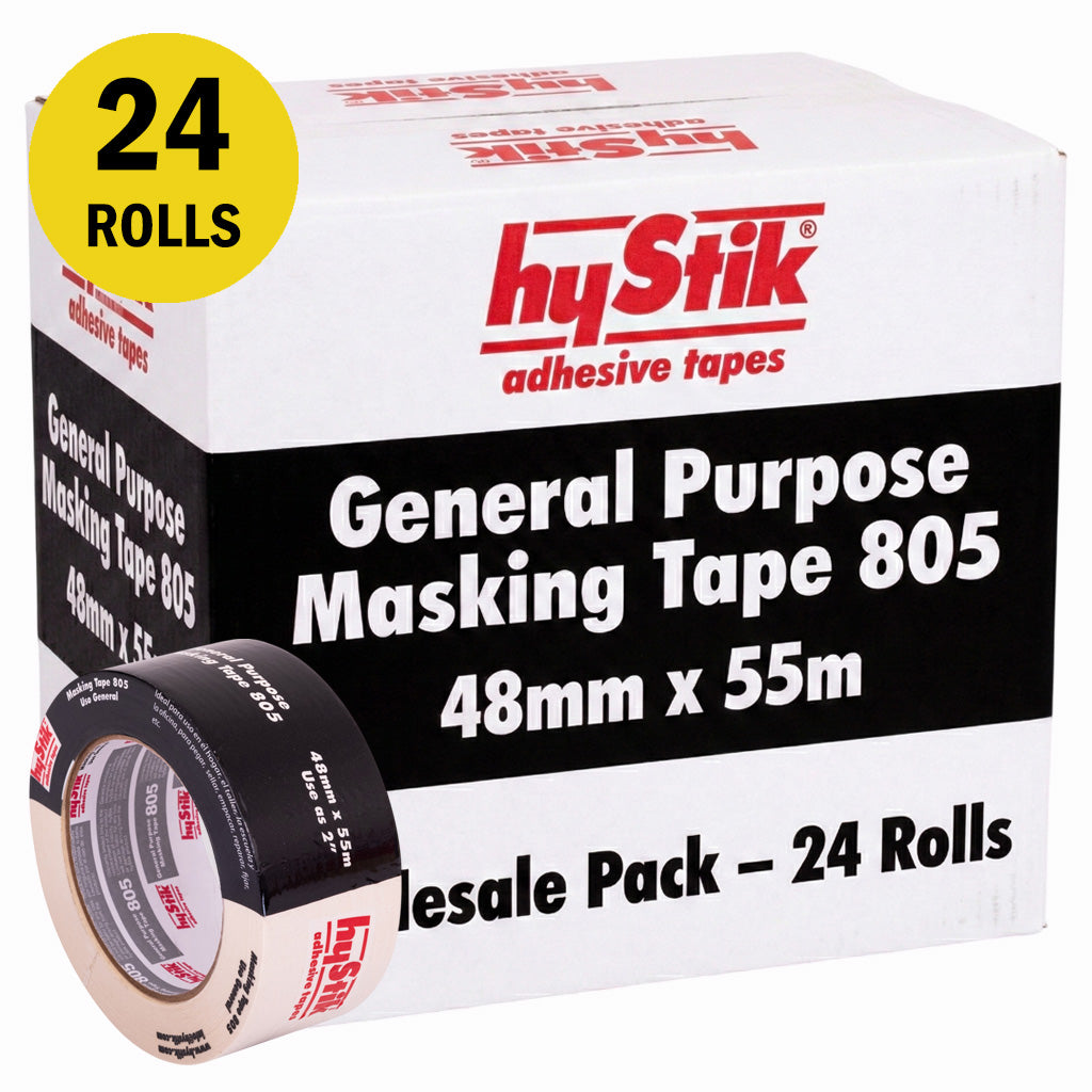 Wholesale pack of 24 Hystik 805 masking tape rolls, 48mm x 55m, for large surface prep