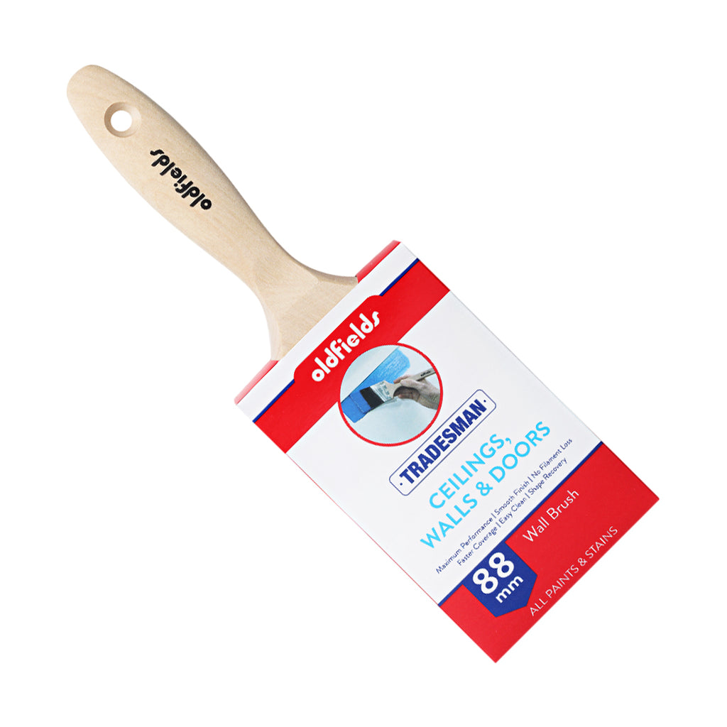 Oldfields Tradesman 88mm synthetic wall brush in packaging for ceilings and walls