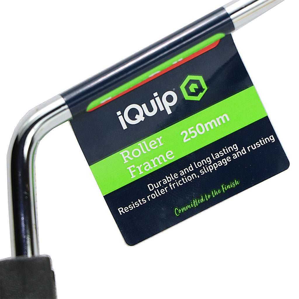 Label on iQuip 250mm roller frame highlighting resistance to rust and slippage