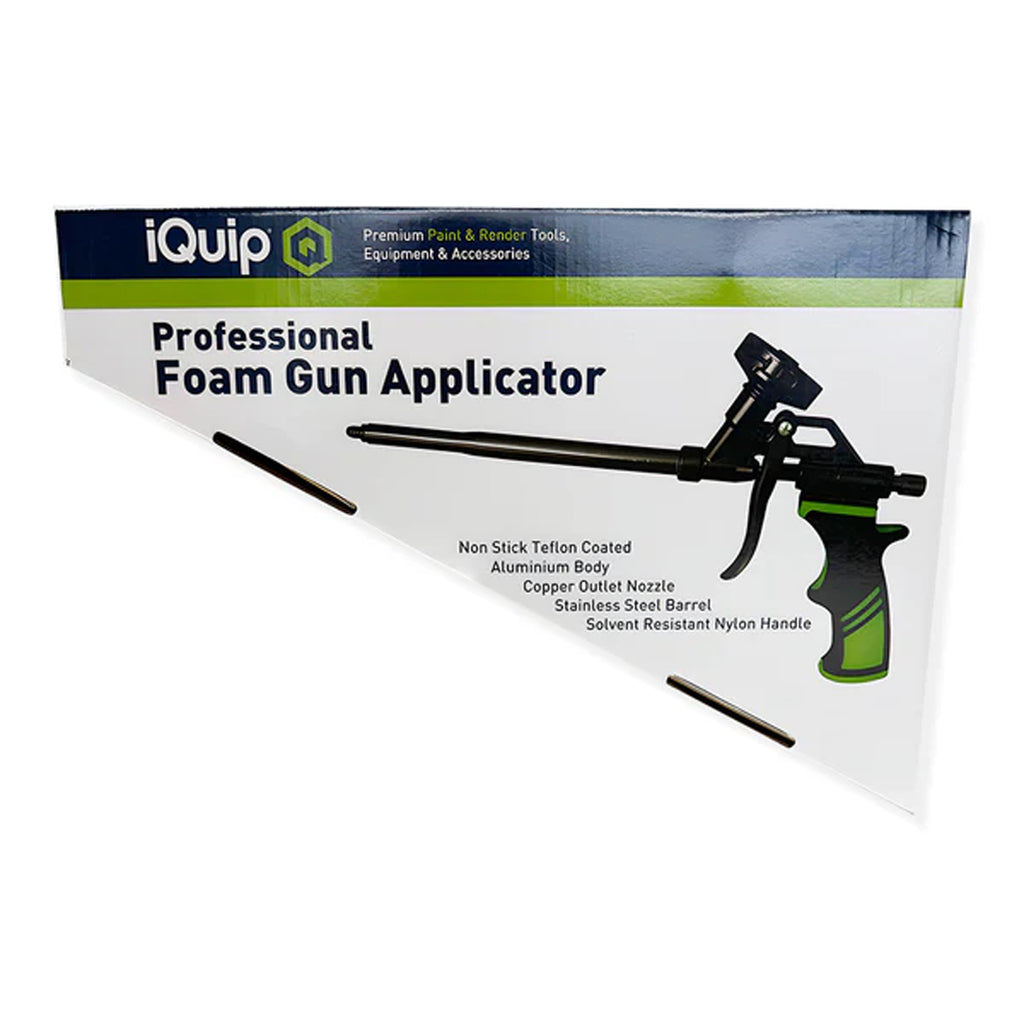 Packaging of iQuip foam gun highlighting teflon coating and copper nozzle