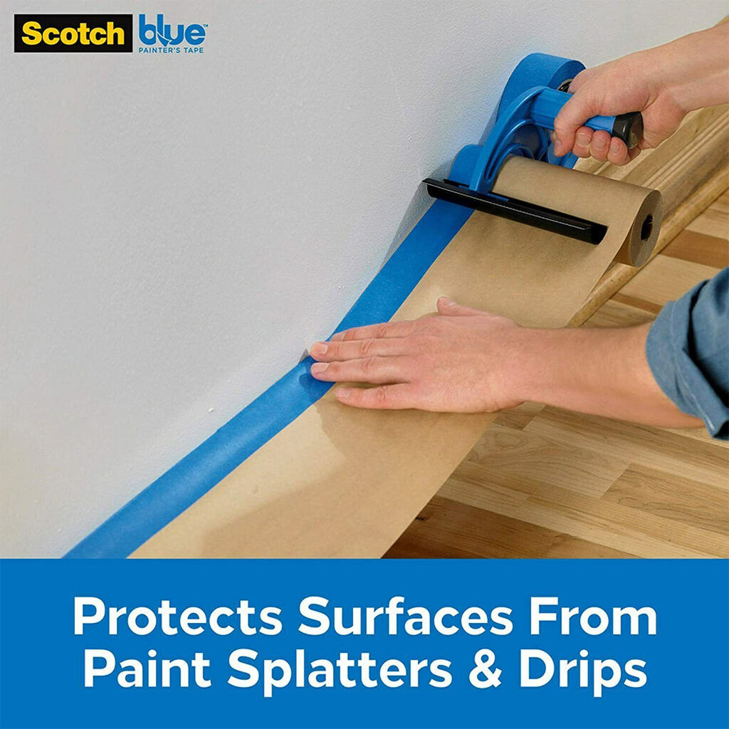Protecting floor baseboards from paint splatters with ScotchBlue dispenser