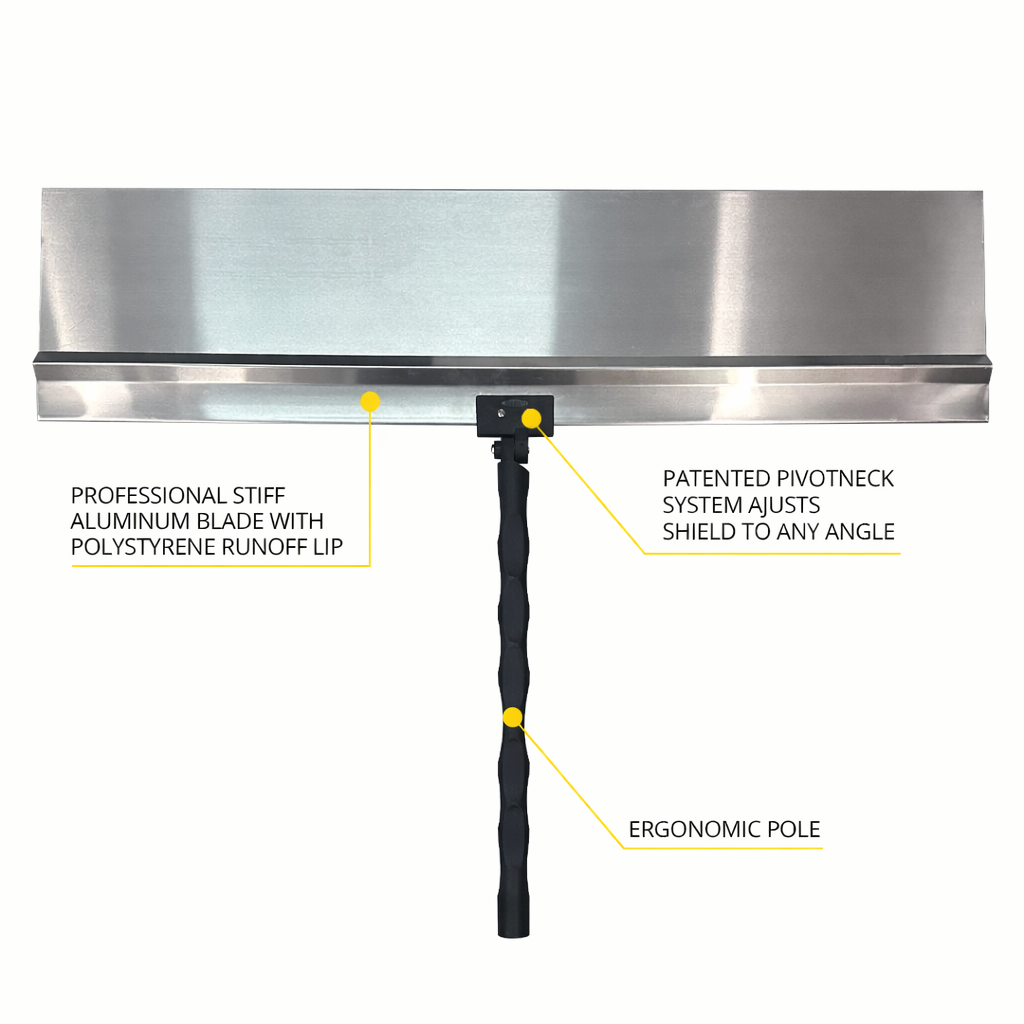 Technical view of the iQuip spray shield highlighting the rigid aluminium blade and ergonomic pole