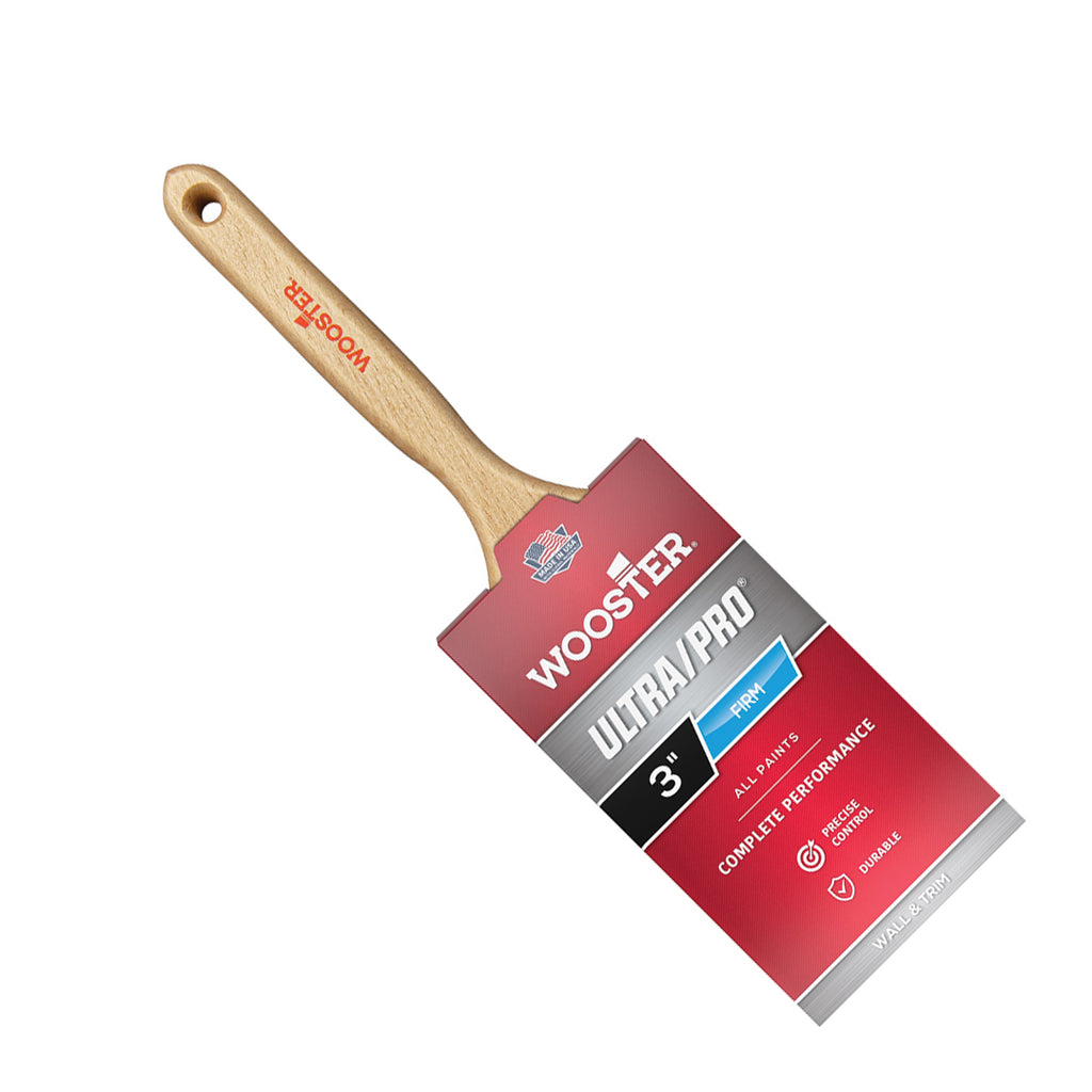 Angled view of Wooster Ultra Pro Mink 75mm professional brush for wall and trim