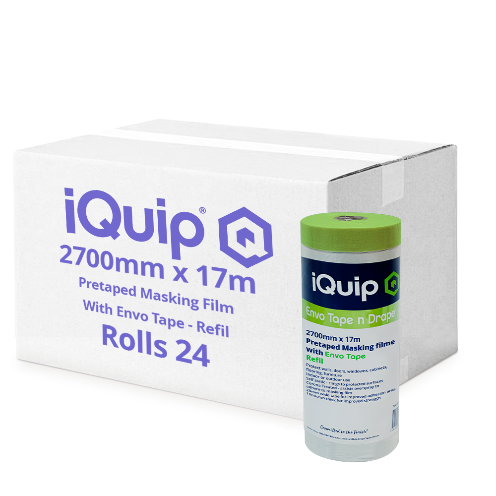 Bulk carton of 24 iQuip Envo pretaped masking film refill rolls 2700mm x 17m