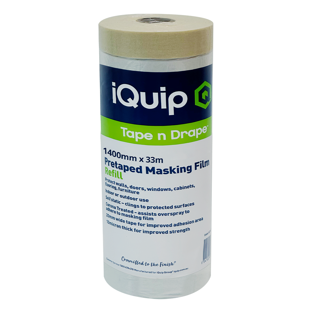 1400mm x 33m iQuip pre-taped masking film refill with 20mm wide high-quality tape