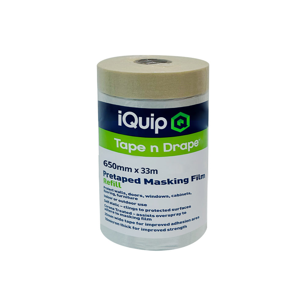 iQuip 650mm x 33m pre-taped masking film refill for protecting small areas and trim.