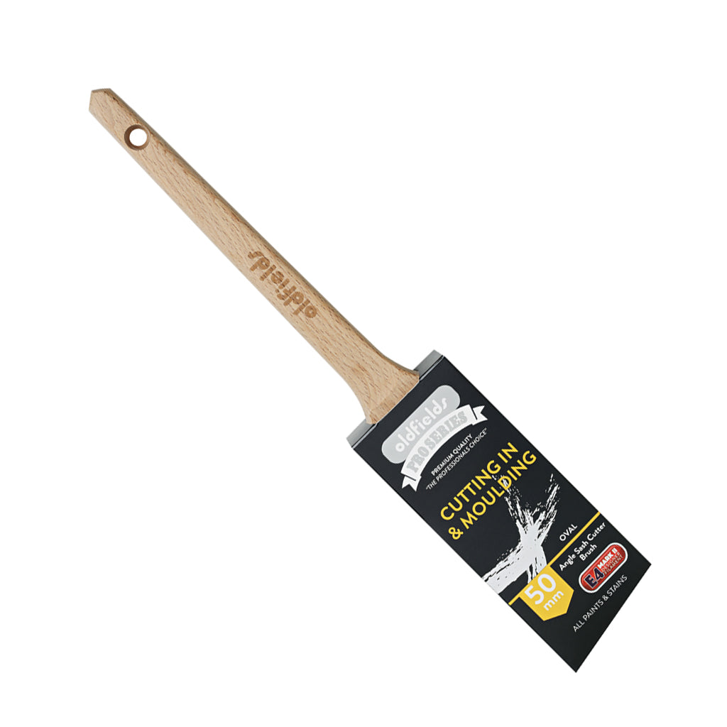 Oldfields Pro Series 50mm Oval Sash Angle Cutter paint brush in protective packaging