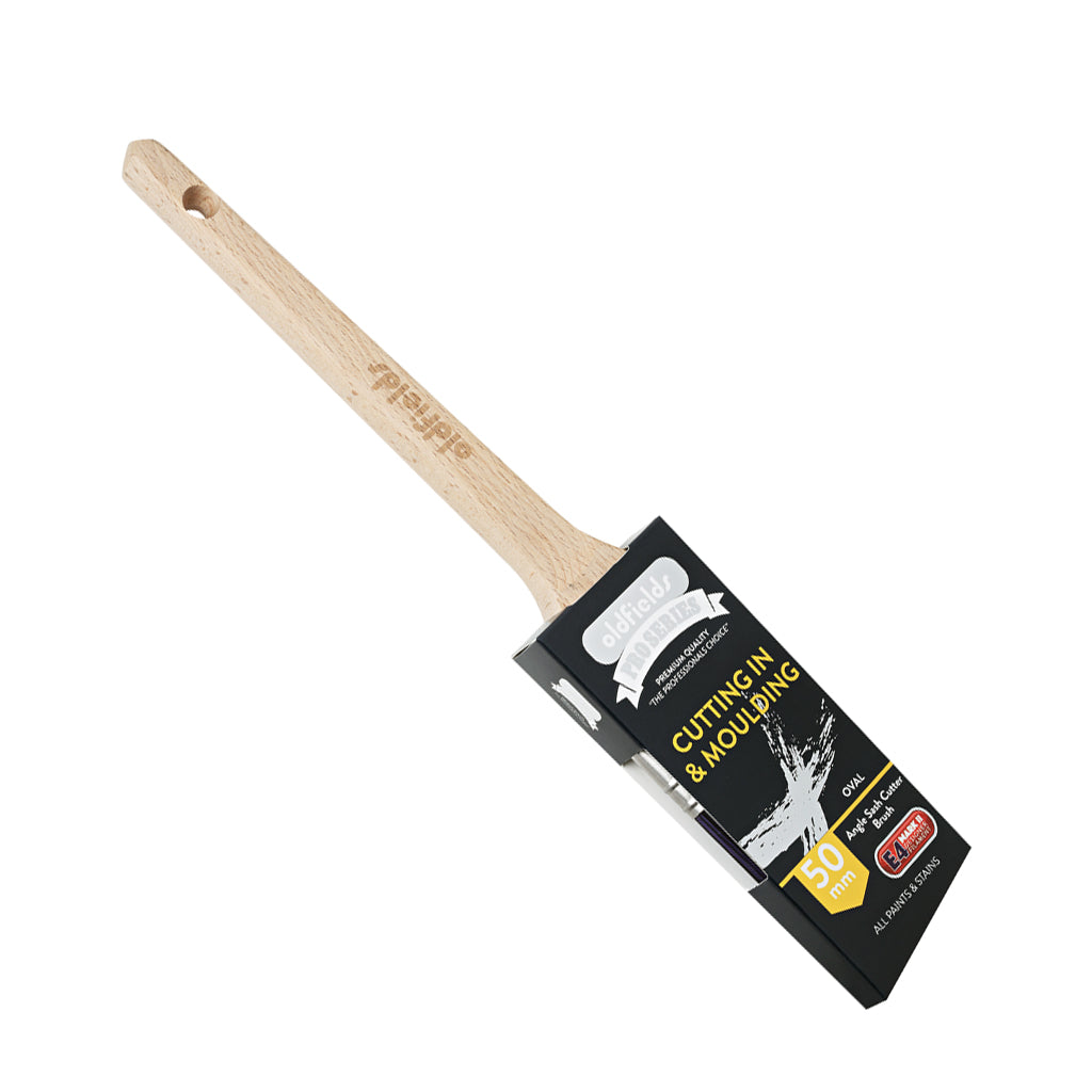 Oldfields Pro Series 50mm Oval Sash Angle Cutter paint brush in protective packaging
