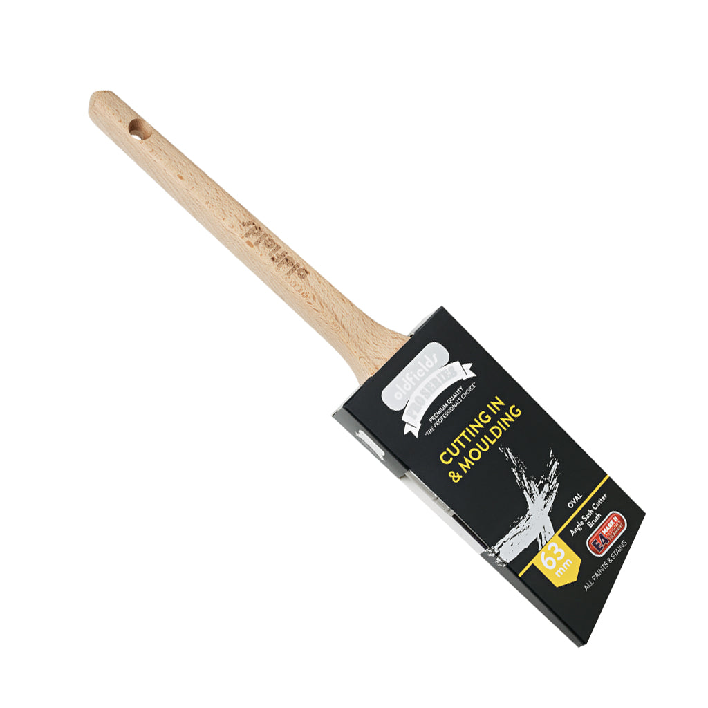 Oldfields Pro Series 63mm professional Oval Sash Angle Cutter brush in retail packaging