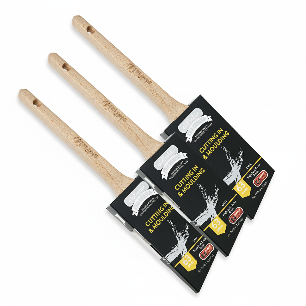 Set of three Oldfields Pro Series 63mm Oval Sash Angle Cutter brushes in packaging