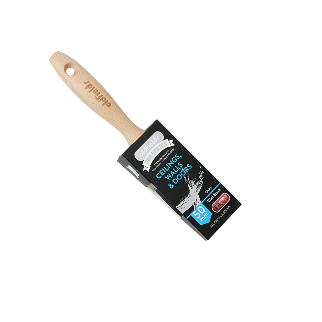 Angled view of Oldfields Pro Series 50mm oval wall brush in packaging for painting