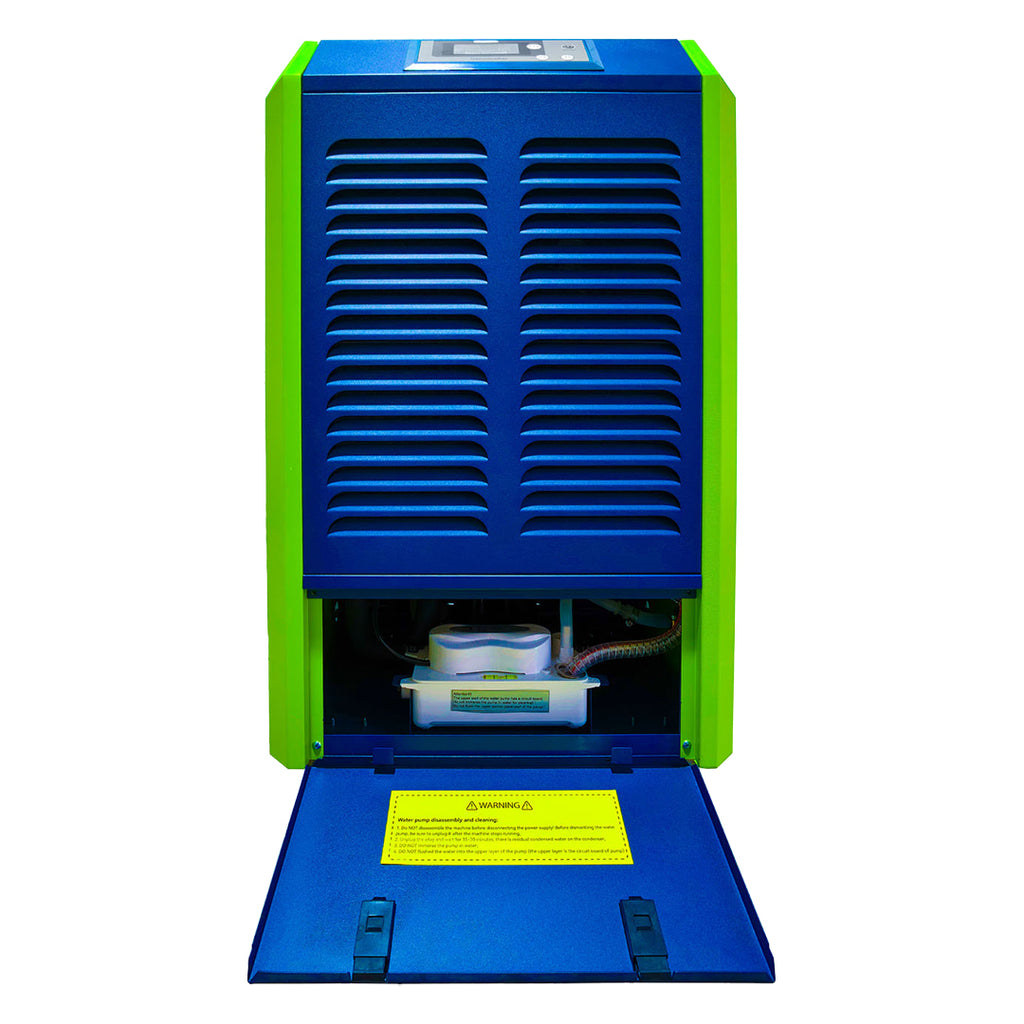 iQuip dehumidifier with maintenance panel open showing quick removal discharge pump