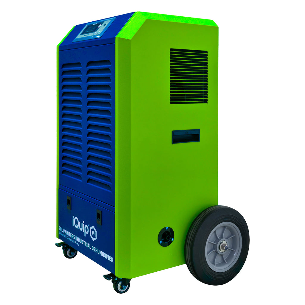 Side view of iQuip 90L industrial dehumidifier on wheels for site mobility