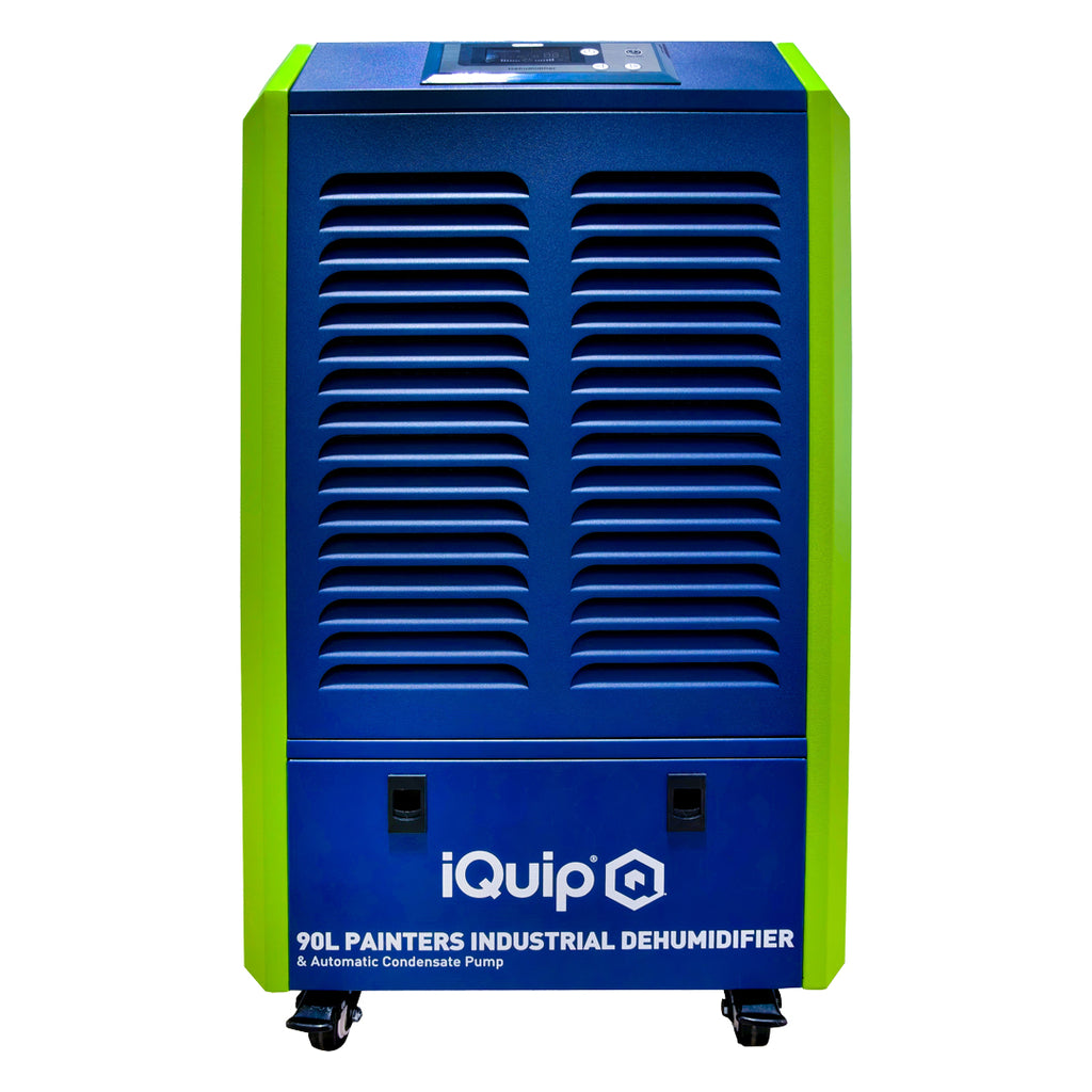 Front view of iQuip 90L dehumidifier showing blue grill and digital controls