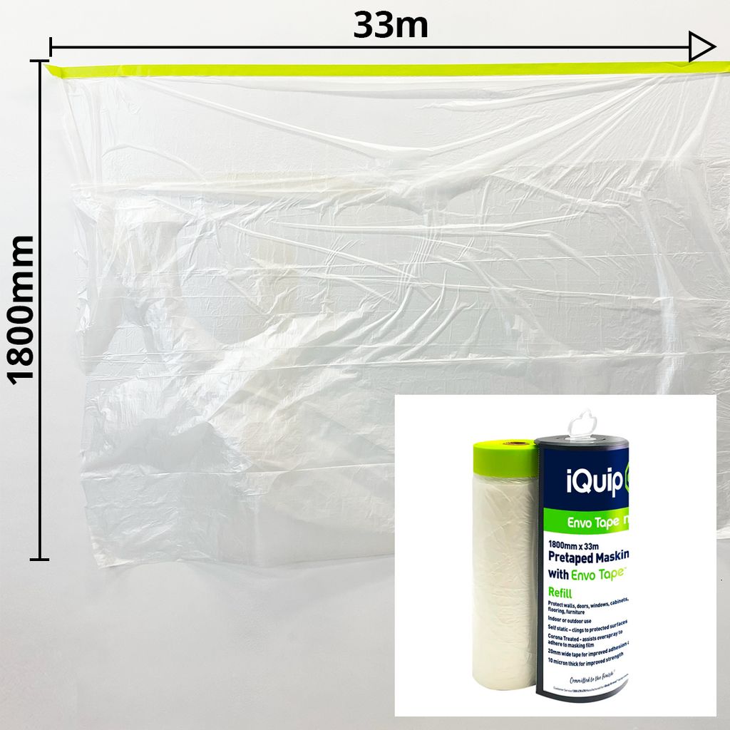 iQuip 1800mm drop masking film unfolded showing static cling against wall