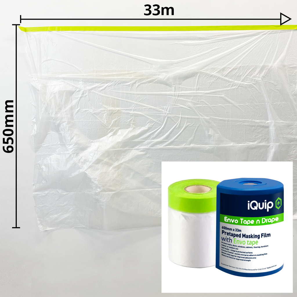 Unfolded 650mm drop iQuip masking film with green Envo tape for baseboards