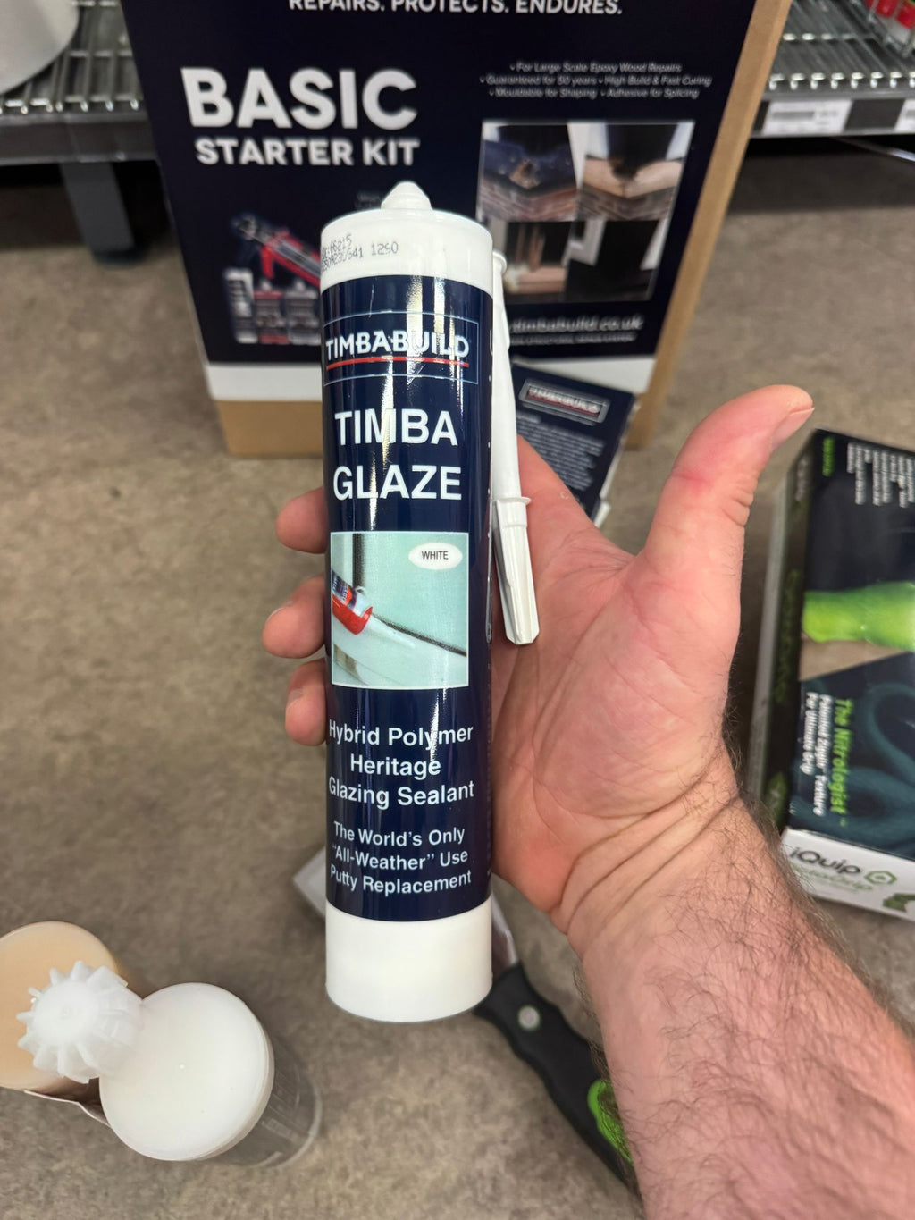 iQuip Timbaglaze hybrid polymer glazing sealant and putty replacement for all weather use