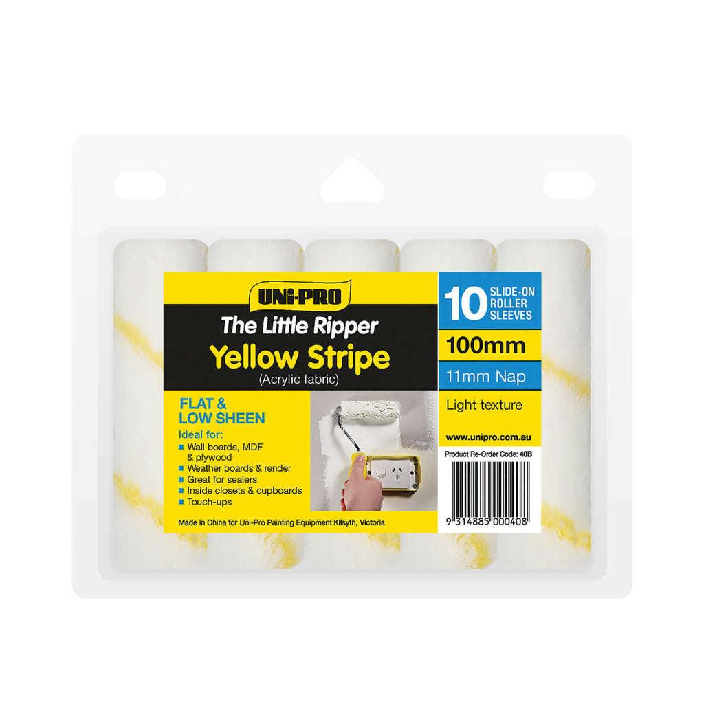 Uni-Pro Little Ripper 100mm Yellow Stripe Fabric Covers 10 Pack 11mm Nap - Box of 6