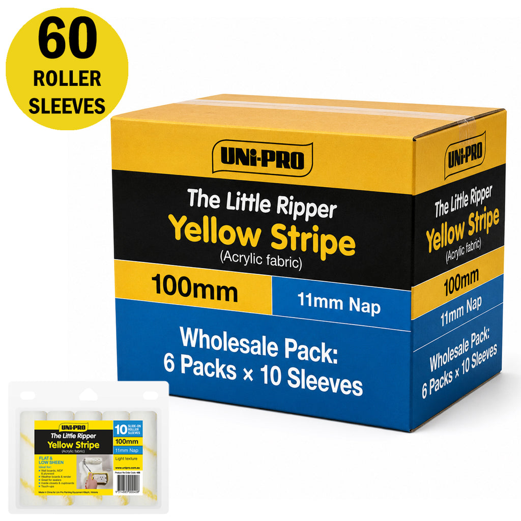 Uni-Pro Little Ripper 100mm Yellow Stripe Fabric Covers 10 Pack 11mm Nap - Box of 6