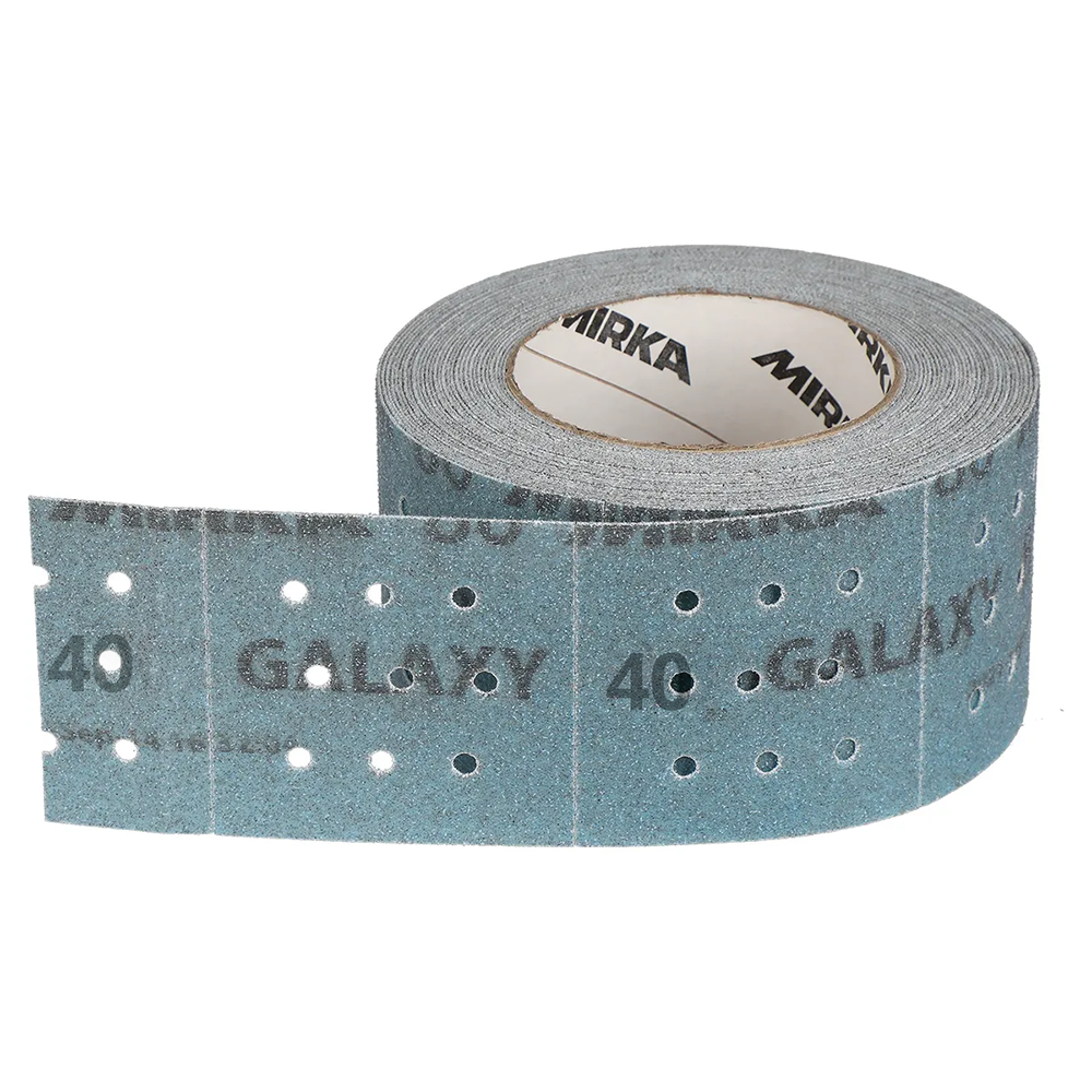 Blue Mirka Galaxy 70x70mm perforated abrasive roll with P40 grit ceramic grains