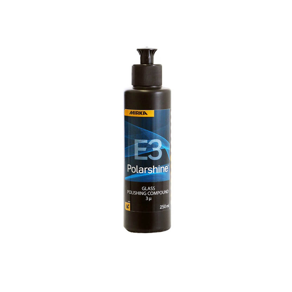 250ml bottle of Mirka Polarshine E3 ultra-fine glass polishing compound