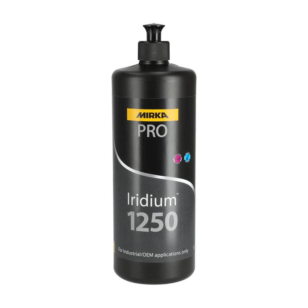 1-litre bottle of Mirka PRO Iridium 1250 one-step polishing compound for industrial and OEM use