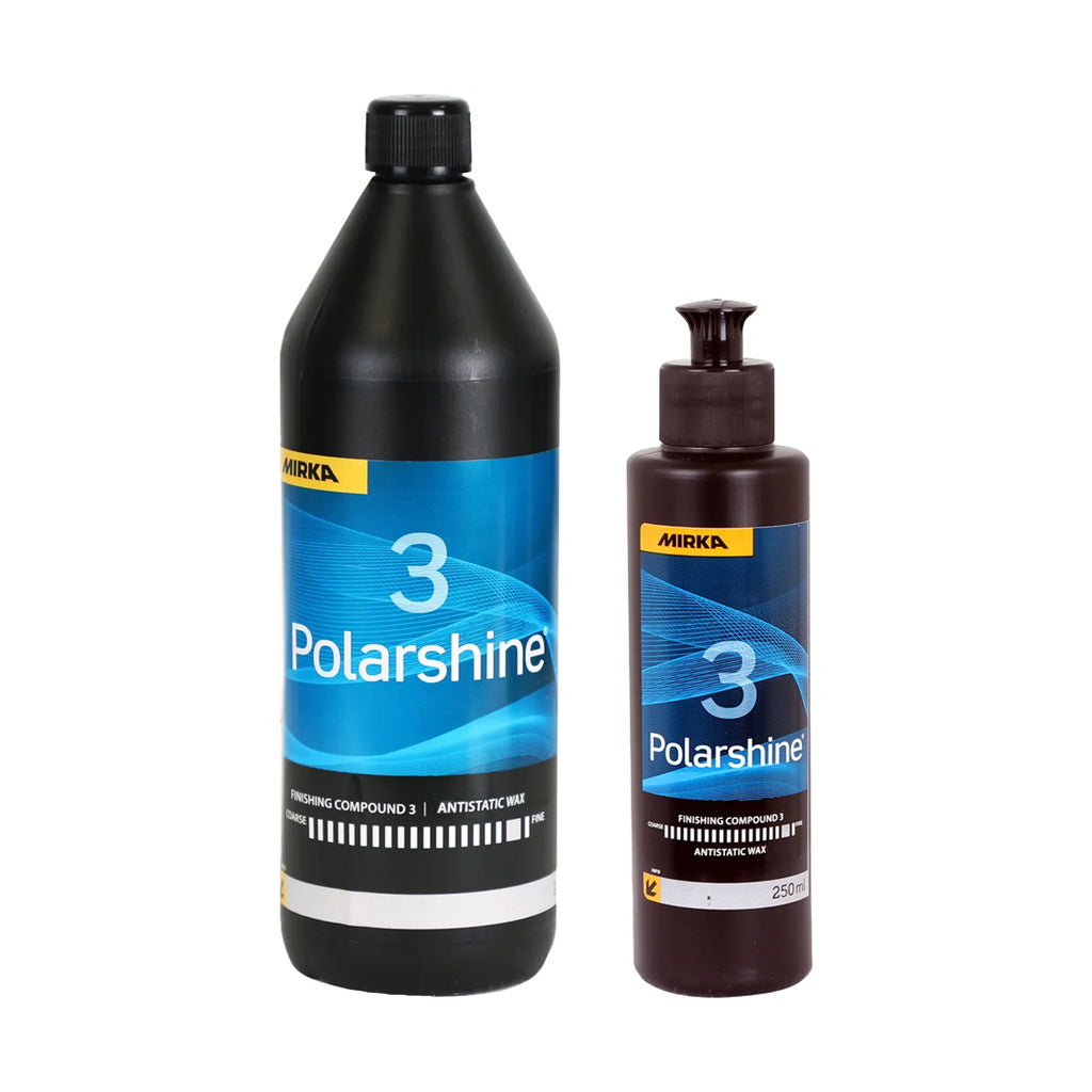 Mirka Polarshine 3 Nano antistatic wax in 250ml and 1-litre bottles for deep gloss protection