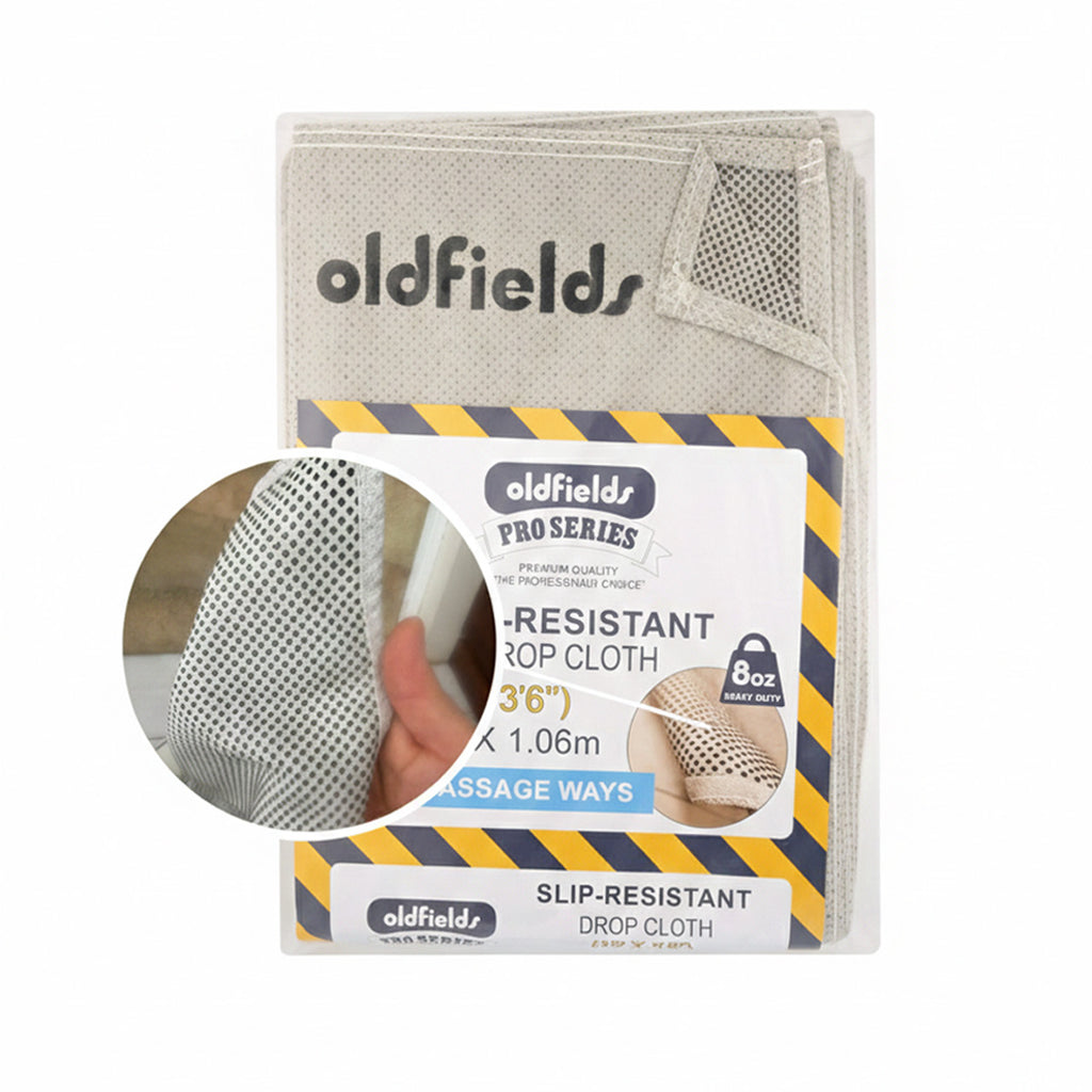 Packaged Oldfields slip-resistant drop cloth with close-up of rubberized traction dots