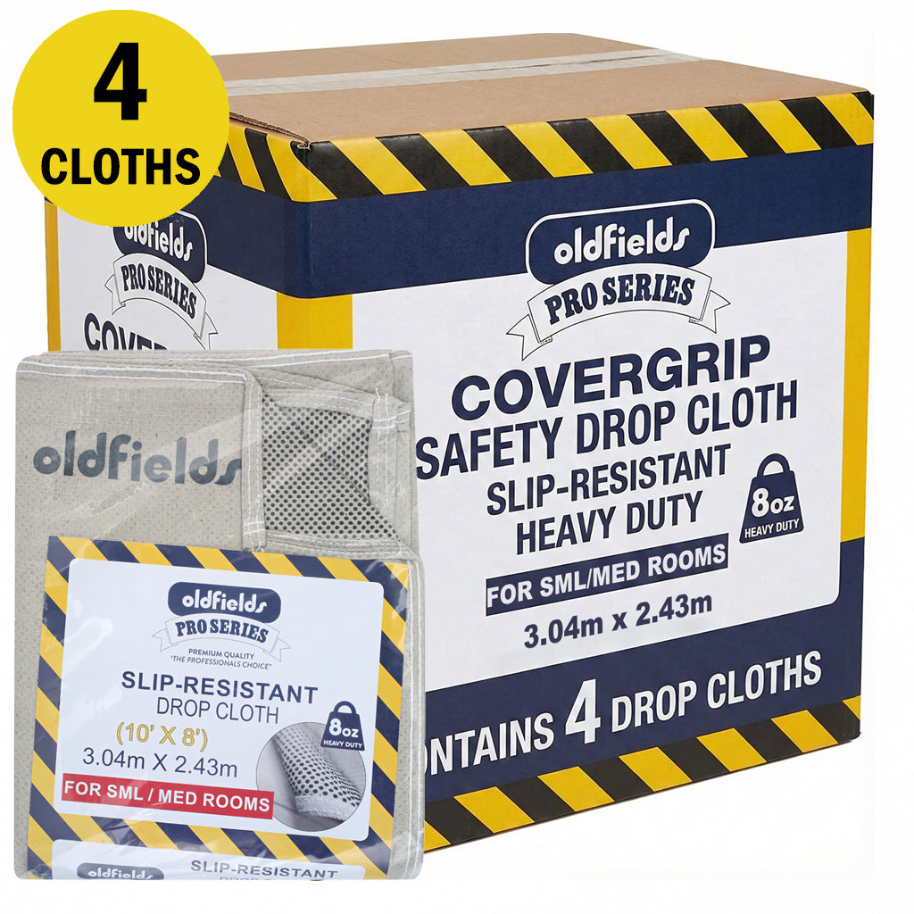 Bulk box of 4 Oldfields Pro Series slip-resistant drop cloths for professional painters