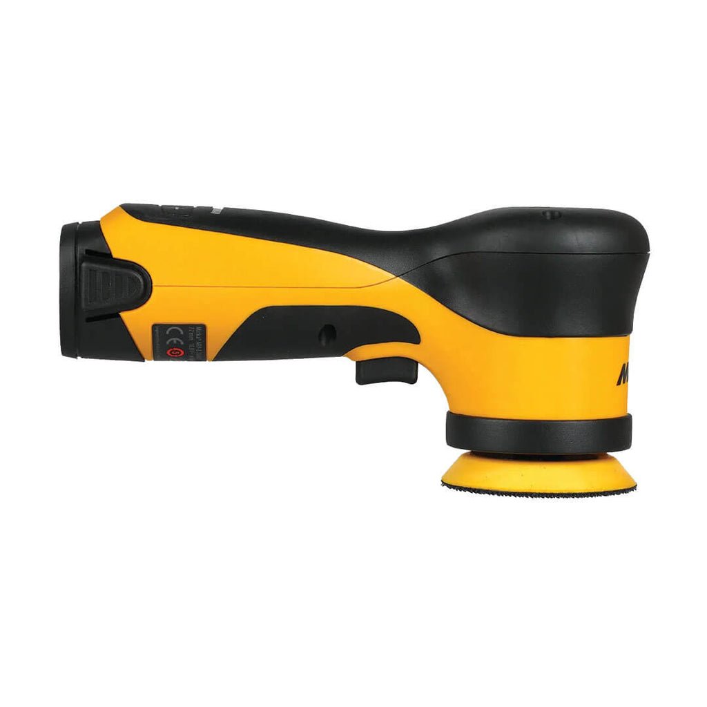 Side view of the ergonomic Mirka ARP-B cordless polisher showing variable speed trigger
