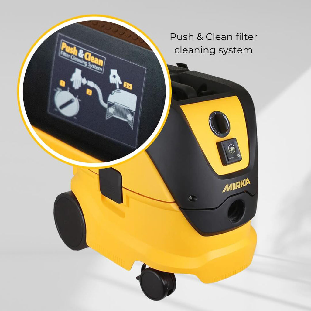 Mirka dust extractor showing the Push & Clean filter system for dust-free sanding