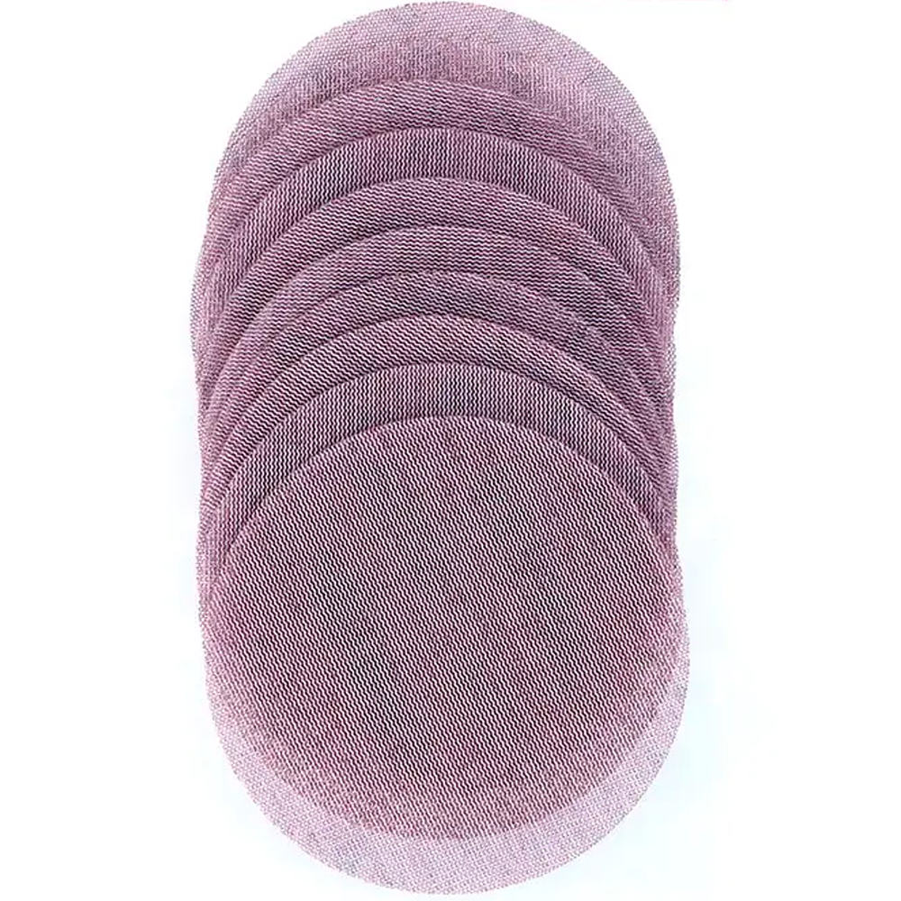 A vertical stack of light maroon Abranet Ace 150mm ceramic sanding discs