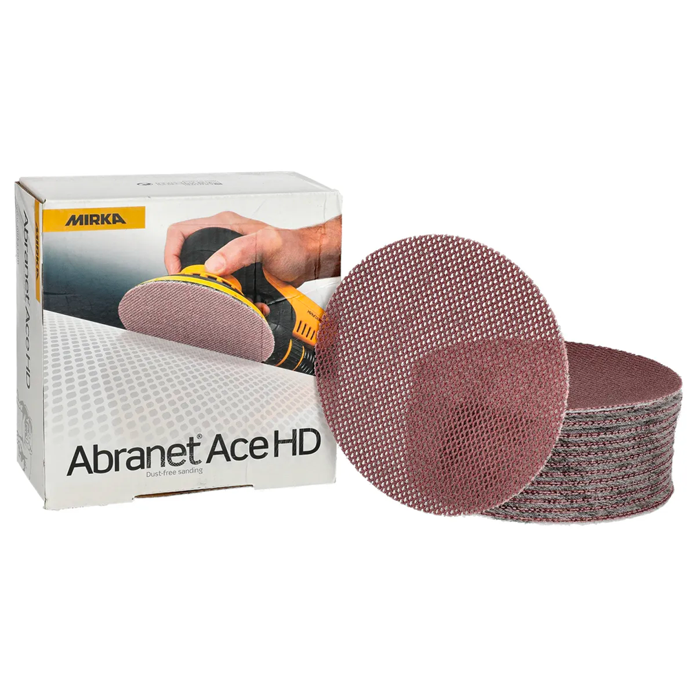 Stack of brownish 125mm Abranet Ace HD ceramic net discs next to the product packaging