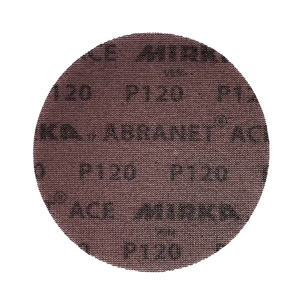 Detailed view of the maroon P120 Abranet Ace disc with a full-surface extraction net
