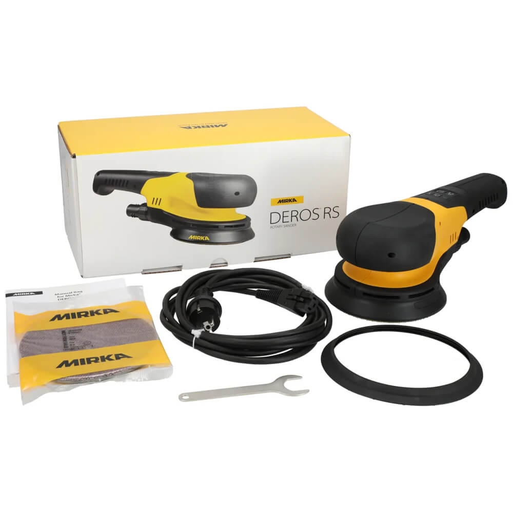 Mirka DEROS RS rotary sander set with cardboard packaging, manual, and 150mm backing pad